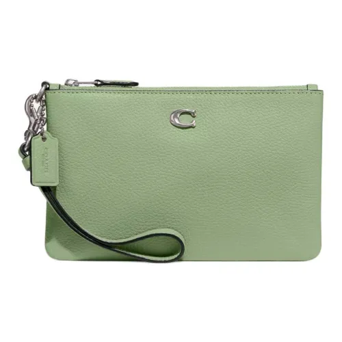 COACH Wristlet Grain Leather Wrist Bag Clutch Small Size Women's Silver & Light Pistachio