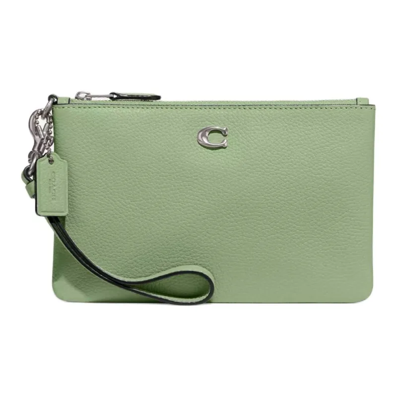 COACH Wristlet Grain Leather Wrist Bag Clutch Trumpets Women's Silver & Light Pistachio-0