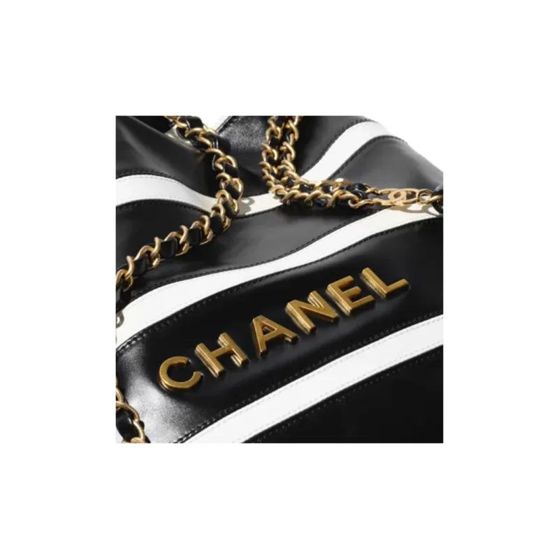 CHANEL 22Bag Cow Leather Shoulder Bag Women's Black White Stripes-2