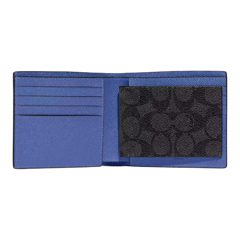 COACH 3 IN 1 Wallet Cross Stitch Leather With Signature Coated Canvas Card Holder Wallet Mini Women's Blueberry-2