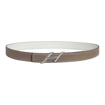 HERMES H Letter Styling Smooth Buckle Leather Belts Women's Gray Width 2.4cm