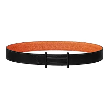HERMES Double Sided Solid Color Design Leather Belts Men's Black Width  3.2CM