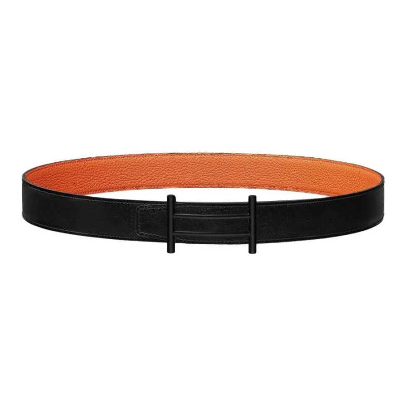 HERMES Double Sided Solid Color Design Leather Belts Men's Black Width  3.2CM-0