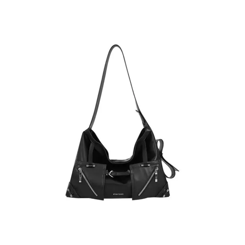 STAR TOWN Cow Leather Punk Biker Tote Bag, Shopping Bag, Handbag, Shoulder Bag Women's Polar Black-0