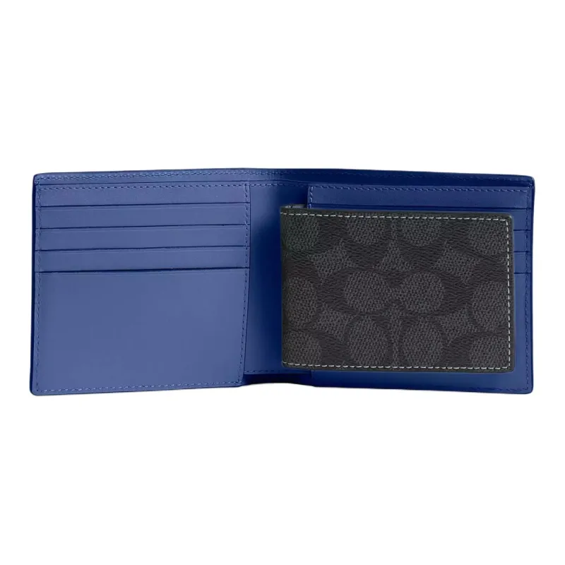 COACH 3 IN 1 Wallet Signature Coated Canvas Wallet Mini Men's Charcoal With Blueberry-1