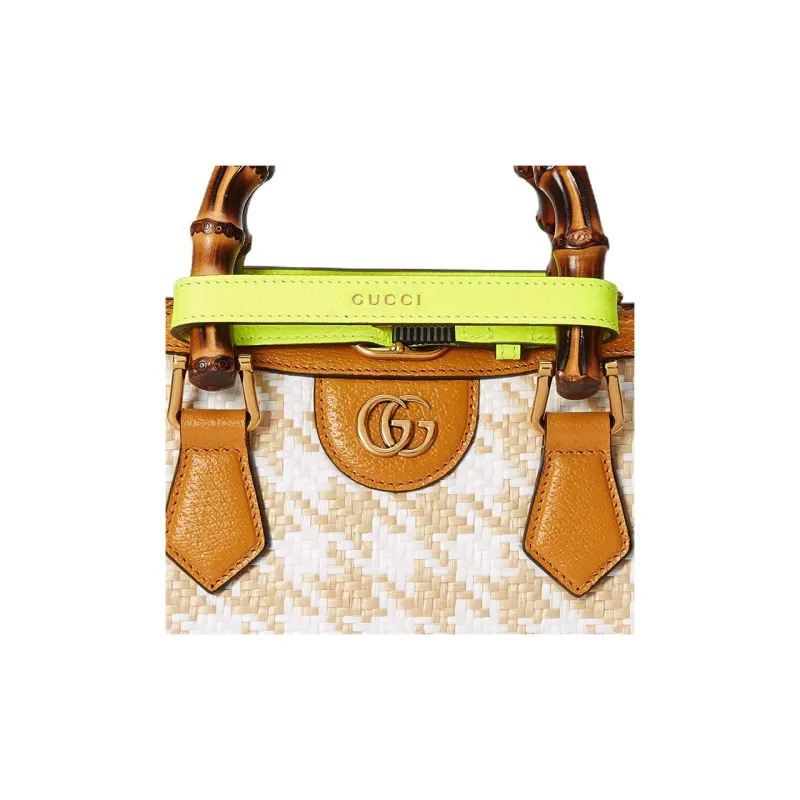 GUCCI Diana Raffia With Leather Trim Tote Bag Shopping Bag Shoulder Bag Crossbody Bag Handbag Mini Women's Beige/Orange-10