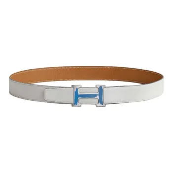 HERMES Double-Sided Design Smooth Buckle Leather Belts Men's Brown/White Width: 3.2CM