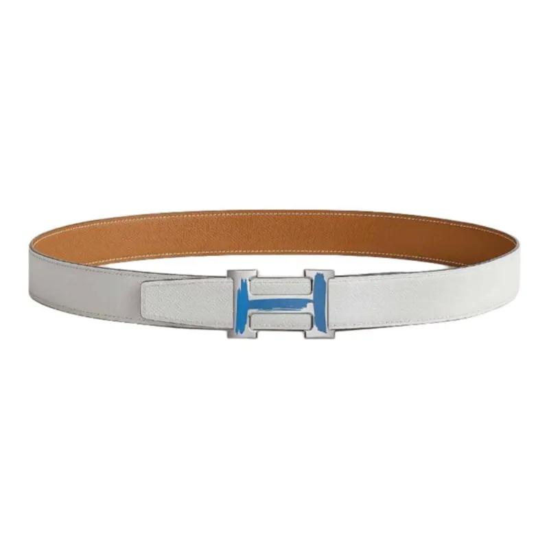 HERMES Double-Sided Design Smooth Buckle Leather Belts Men's Brown/White Width: 3.2CM-0