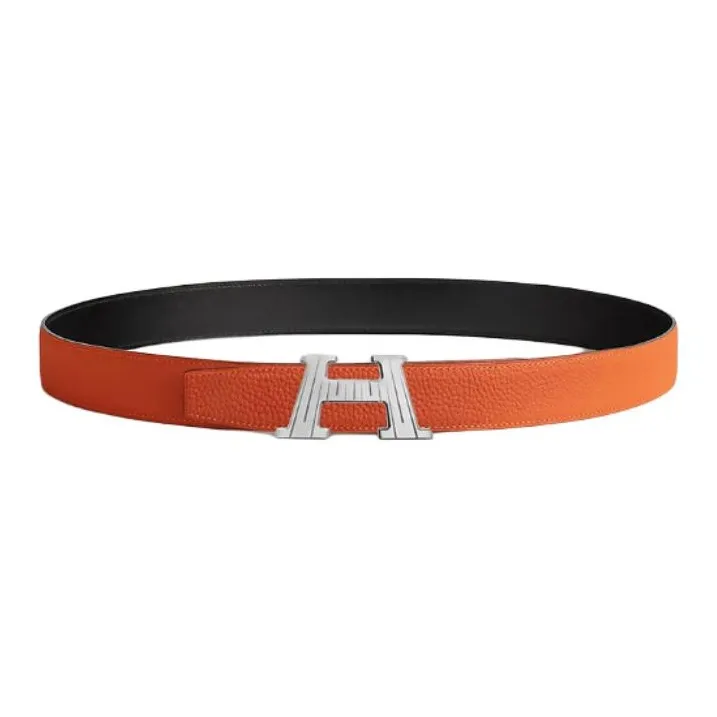 HERMES H Logo Design Smooth Buckle Leather Belts Men's Black/Orange Width: 3.2CM-1