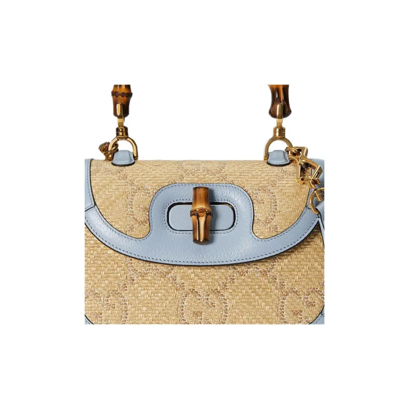 GUCCI Bamboo 1947 Raffia With Leather Shoulder Bag Crossbody Bag Handbag Small Size Women's Light Blue/Beige-9