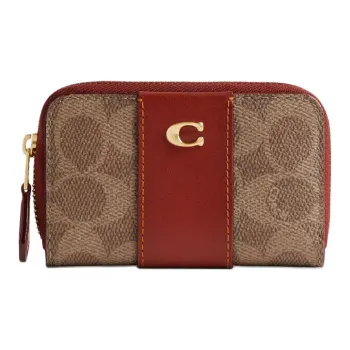 COACH Zip Around Calfskin Card Holder Mini Women's Brass & Tan & Rusty Red