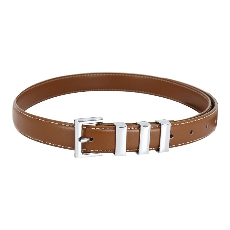 PISHUSHU Luxury Streetwear Three Button Closure Cow Leather Leather Belts Women's Black Caramel Width  2.4cm-1