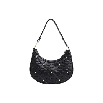 FION Cow Leather Crescent Bag, Shoulder Bag, Handbag Medium Size Unisex Black/Beige