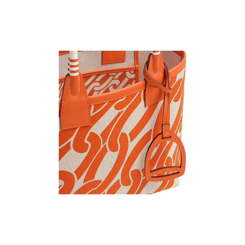 HERMES Steeple H Plume Canvas With Swift Calfskin Tote Bag Shopping Bag Handbag Women's Beige With Natural Accents-4