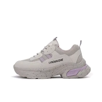 Lingwuzhe Anti Slip Wear Resistant Breathable Height Increasing Low Top Chunky Sneakers Women's Beige Purple