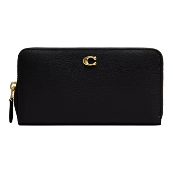 COACH Accordion Zip Polished Pebbled Leather Wallet Small Size Women's Brass & Black