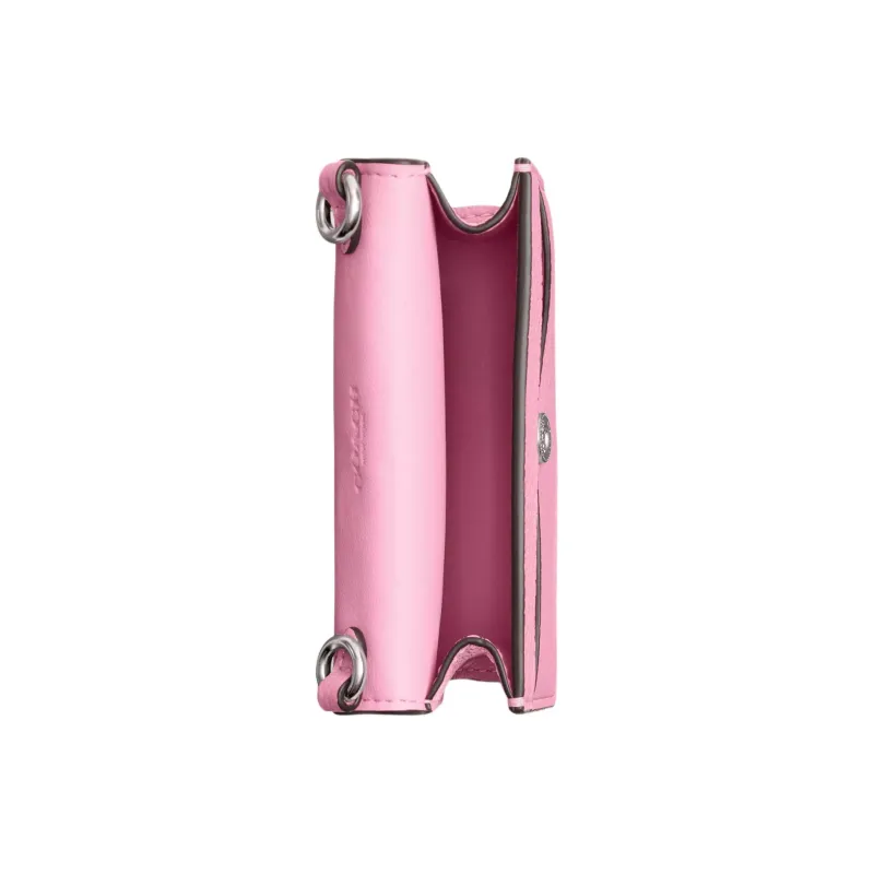 COACH Flap Card Case Leather Shoulder Bag Crossbody Bag Card Holder Mini Women's Silver & Bright Pink-2
