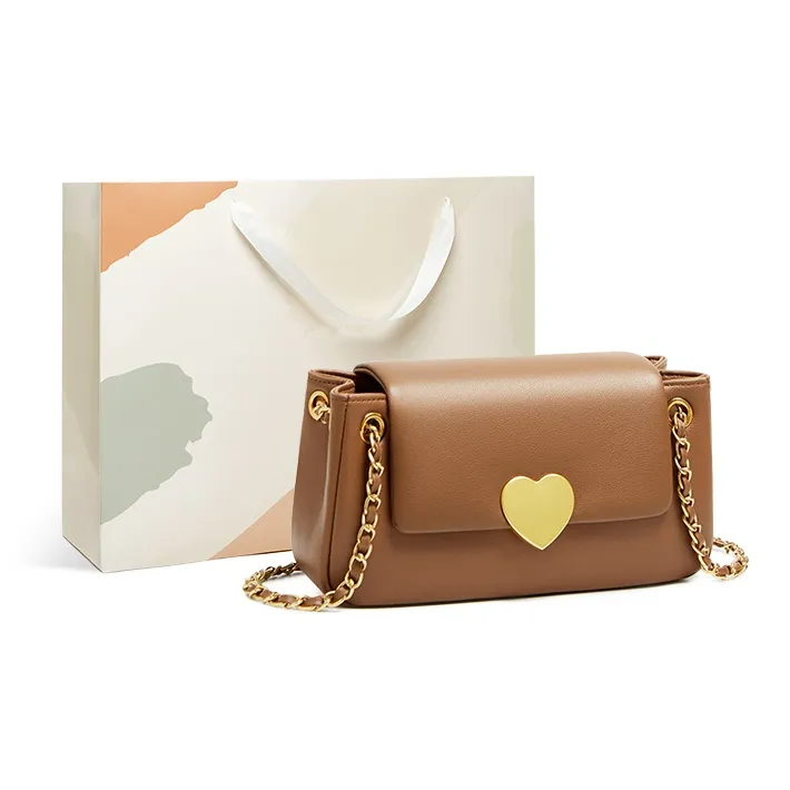 15 MINS Cow Leather Heart Shaped Shoulder Bag Crossbody Bag Small Size Women's Ecru/Midnight Black/Caramel Brown-9