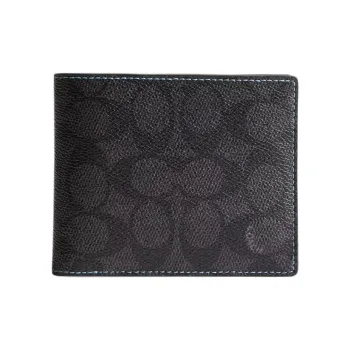 COACH 3 IN 1 Wallet Signature Coated Canvas Wallet Mini Men's Charcoal With Blueberry