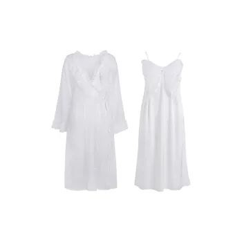 Flow Yarn Pajama Robe Women's Two-Piece Set White