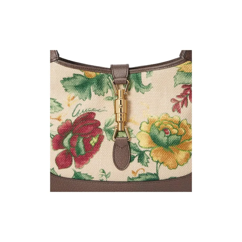 GUCCI Jackie 1961 Canvas With Leather Trim Crescent Shoulder Bag Shoulder Bag Small Size Women's Floral Multicolor-8