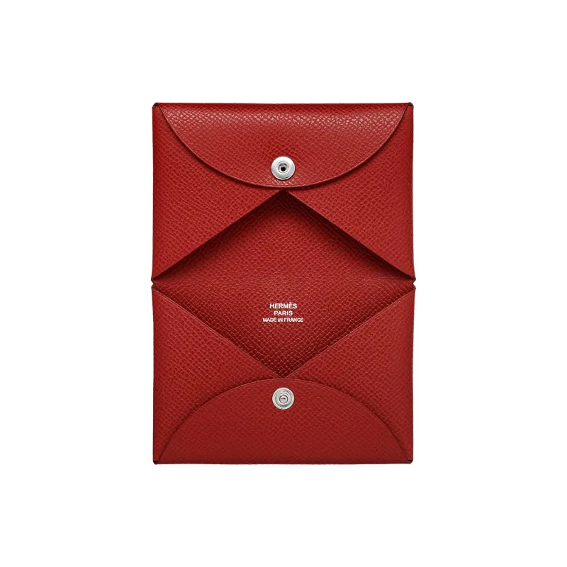 HERMES Calvi Epsom Calfskin Card Holder Women's 54 Rouge Garance Quince Red-1