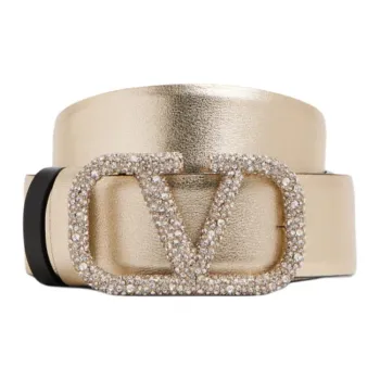 Valentino Logo Emblem Smooth Buckle Leather Belts Women's Gold Width: 3CM