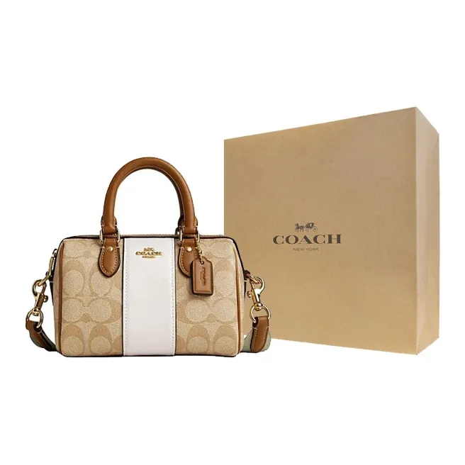 COACH Rowan Canvas With Leather Handbag Shoulder Bag Crossbody Bag Mini Women's Light Khaki & Pink White-0