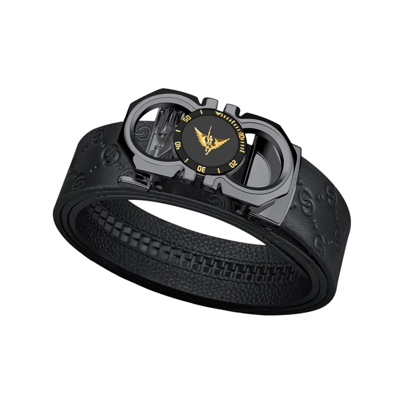 WilliamPOLO Cow Leather Leather Belts Men's Gunmetal Buckle With Gold Logo Embossed Strap 3.5cm Width-3