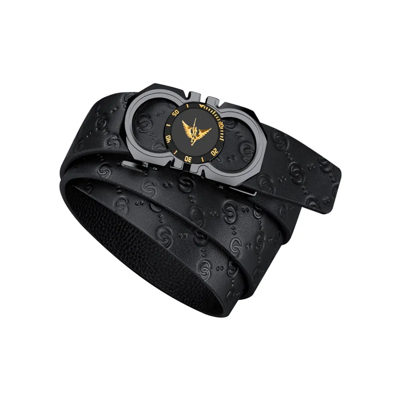 WilliamPOLO Cow Leather Leather Belts Men's Gunmetal Buckle With Gold Logo Embossed Strap 3.5cm Width-2