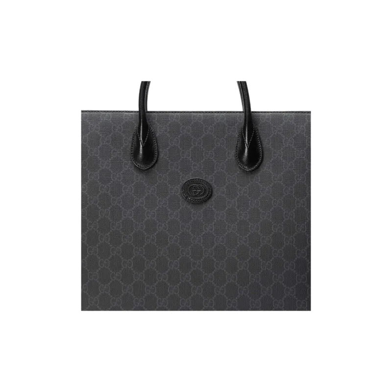 GUCCI Canvas With Leather Tote Bag, Shopping Bag, Shoulder Bag, Crossbody Bag, Handbag Medium Size Men's Black Gray-6