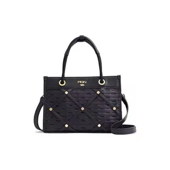 FION Cow Leather Tote Bag Shopping Bag Shoulder Bag Crossbody Bag Handbag Medium Size Women's Black/Ecru