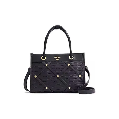 FION Cow Leather Tote Bag Shopping Bag Shoulder Bag Crossbody Bag Handbag Medium Size Women's Black/Ecru