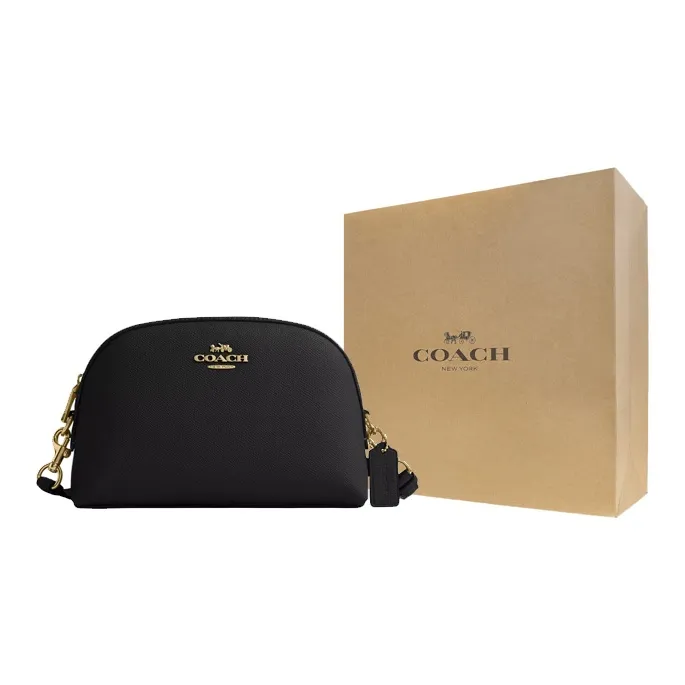 COACH Cross Grain Leather Shoulder Bag, Crossbody Bag Medium Size Women's Gold & Black-6