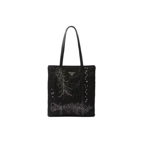 PRADA Nylon Patchwork Embroidery Tote Bag Shopping Bag Shoulder Bag Handbag Medium Size Women's Black