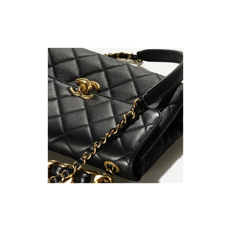 CHANEL 22SS Cow Leather Flap Bag, One Shoulder Handbag, Crossbody Bag Trumpets Women's Black-3