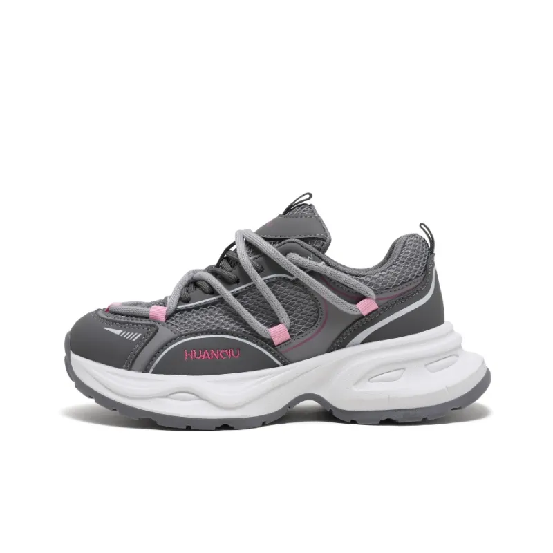 HUANQIU Breathable Lightweight Low Top Chunky Sneakers Women's Gray Pink-0
