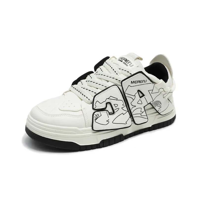 Meiretu Puffy Shoes Anti Slip Wear Resistant Low Top Skateboard Shoes Men's White-2