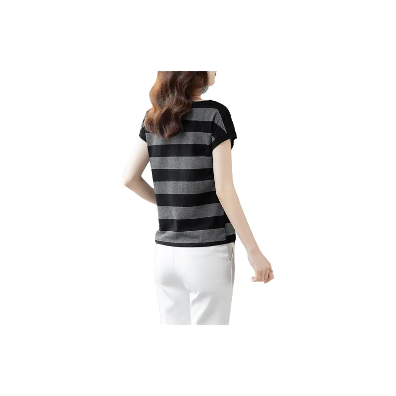 Cypress House T Shirt Women's Black Gray Stripes-1