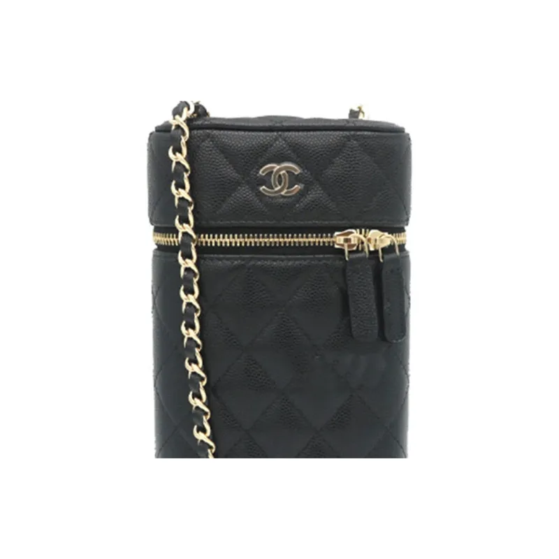 CHANEL Litchi Cow Leather One Shoulder Crossbody Cell Phone Pouch Women's Black-3