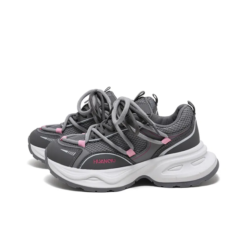 HUANQIU Breathable Lightweight Low Top Chunky Sneakers Women's Gray Pink-2