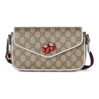 GUCCI Canvas With Leather Crossbody Bag, Shoulder Bag Women's Beige & Ebony