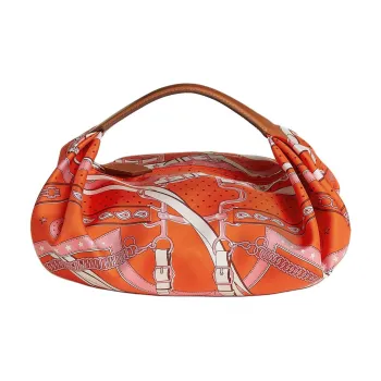 HERMES Balusoie Silk With Hunter Cow Leather Lunch Bag Handbag Women's Orange & Light Yellow
