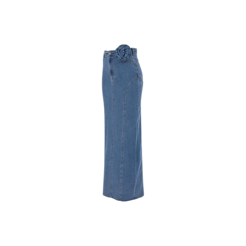 Rotate Floral Detailed Stretchy Maxi Denim Skirt-1