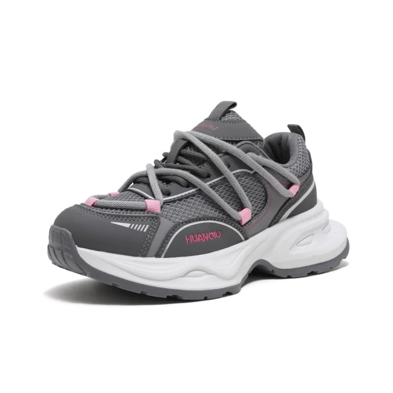 HUANQIU Breathable Lightweight Low Top Chunky Sneakers Women's Gray Pink-1