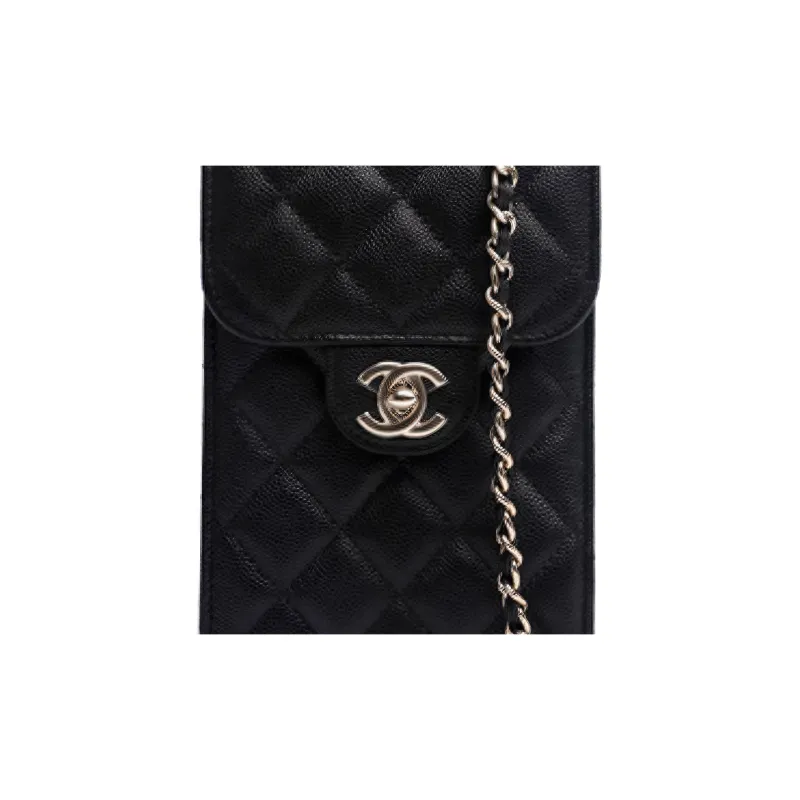 CHANEL Grain Embossed Cow Leather Shoulder Bag, Crossbody Bag With Cell Phone Pouch Women's Black-3
