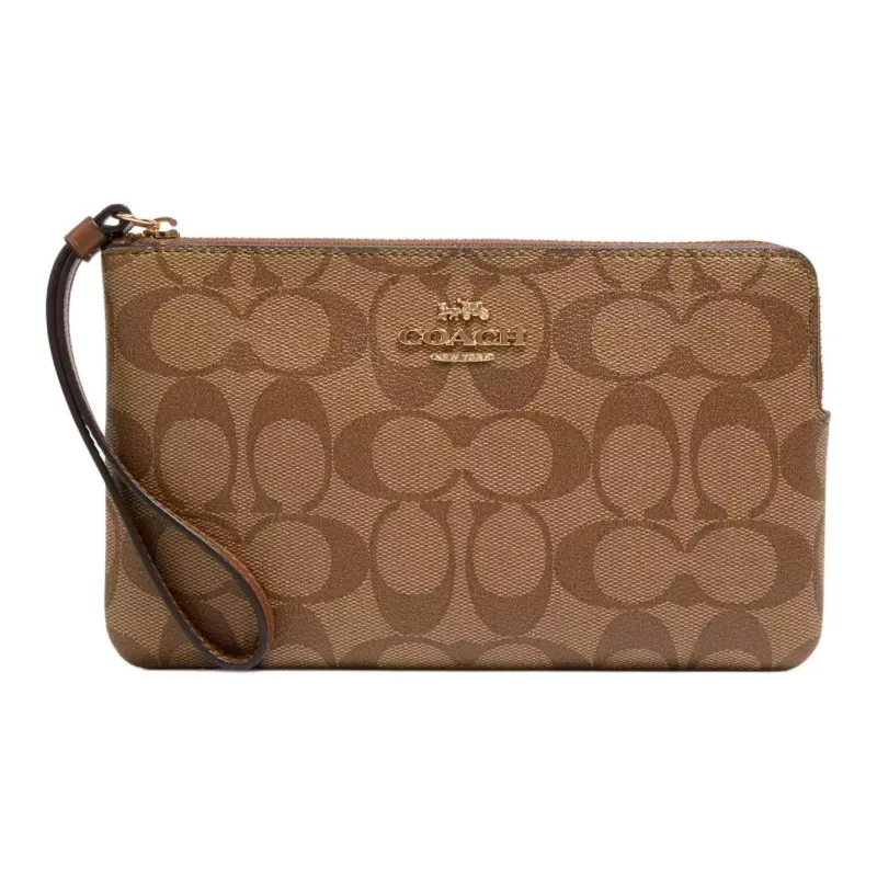 COACH Corner Zip Coated Canvas With Recycled Leather Clutches Wallets Small Size Women's Gold & Khaki-0