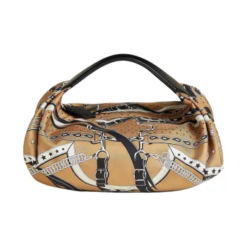 HERMES Balusoie Silk With Hunter Cow Leather Lunch Bag Handbag Women's Cookie & Black