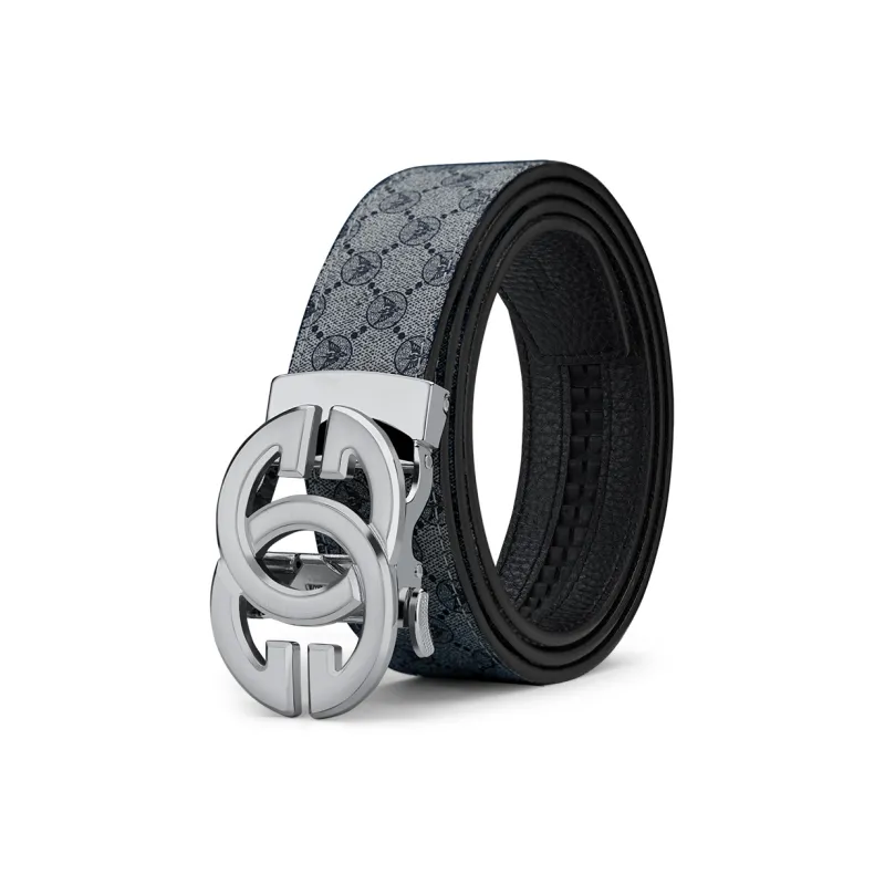 WilliamPOLO PVC Leather Belts Men's Silver Buckle Gray Strap Width  3.5cm-0