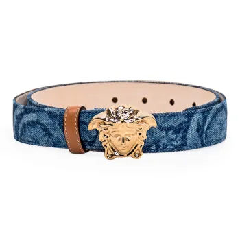 VERSACE Front Adorned With Medusa Buckle, Smooth Buckle Leather Belts Women's Blue Width 3cm
